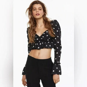 H&M Puff-sleeved Peplum cropped Blouse |  Black and Silver Polka Dots | Size XS